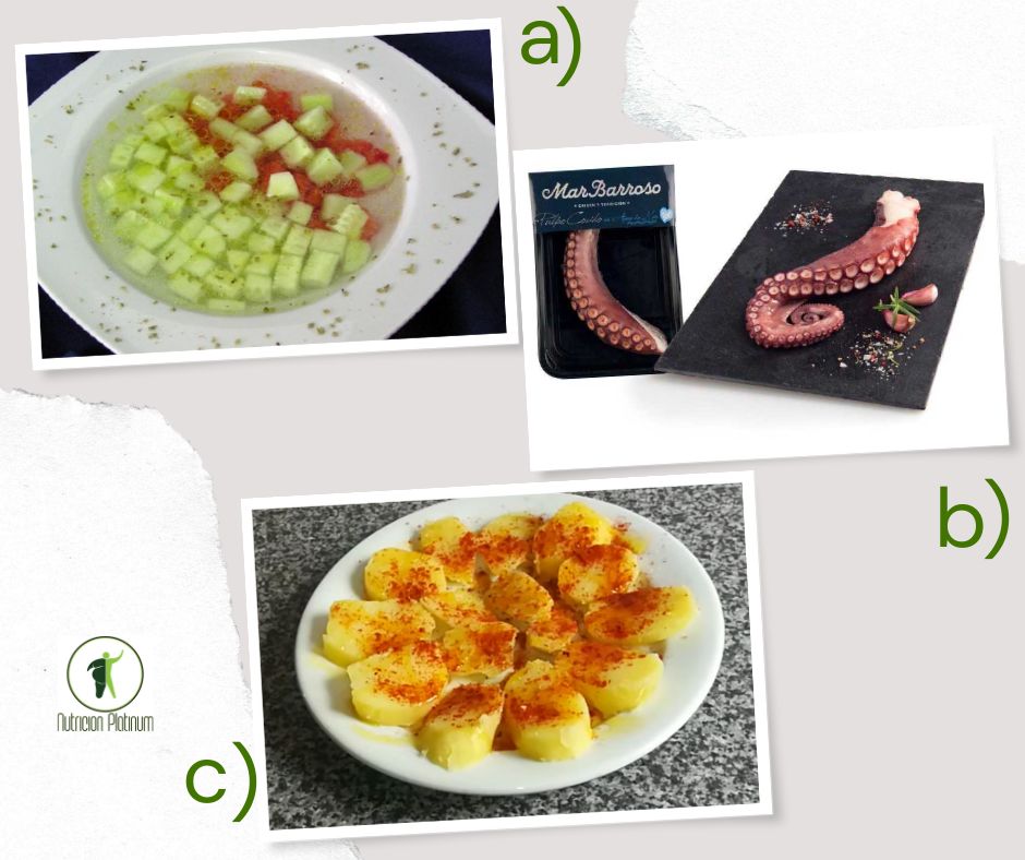 Gazpacho Almeriense con patas de pulpo cocido y patatas a la gallega en el microondas.